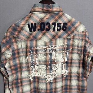 Red Snap Mens Plaid Western Shirt Orange Blue Belfast Knights Graphic‎ Large